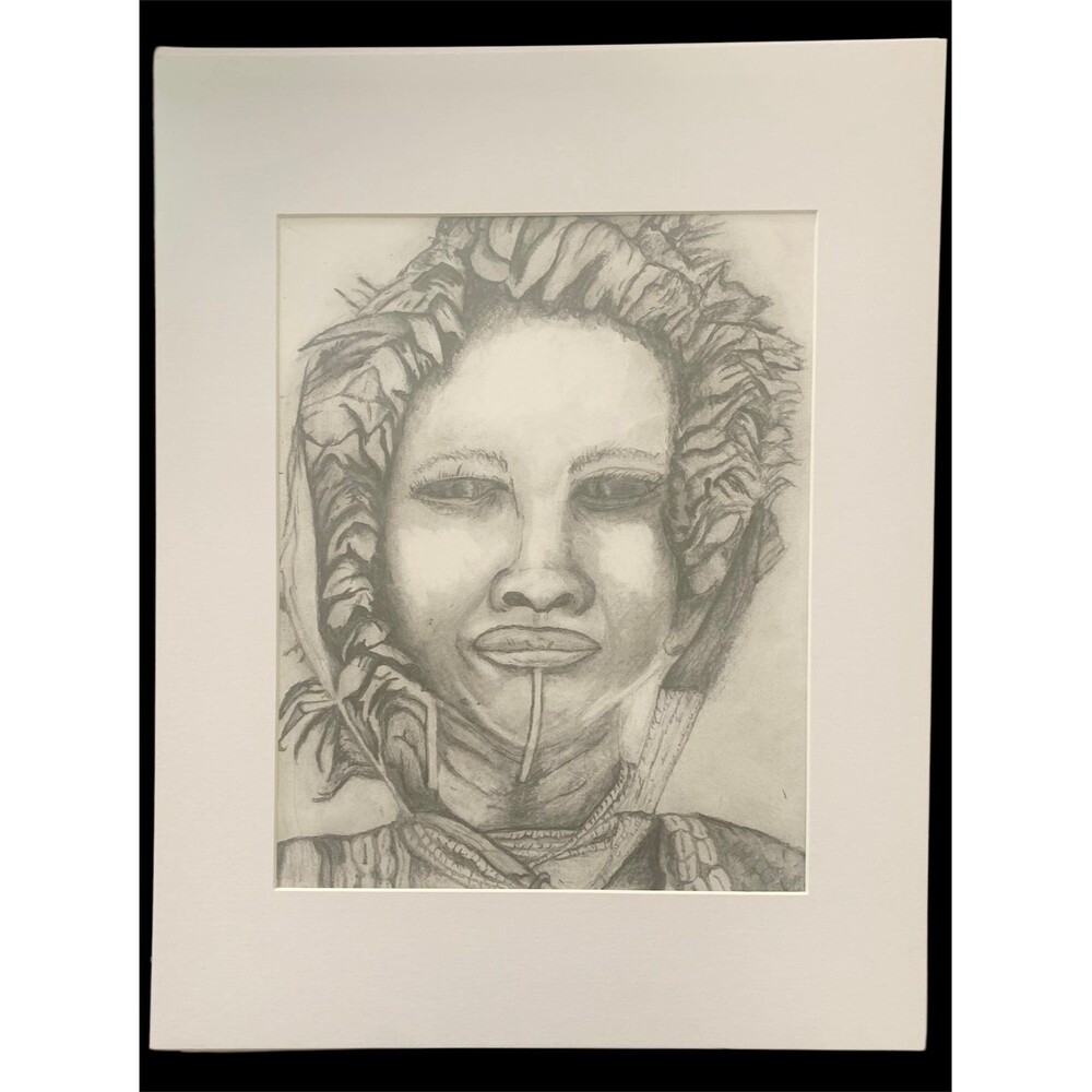 Signed Pencil Sketch of Native African Individual - Matted